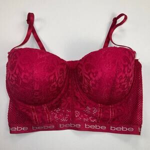Bebe Wide Lace Mesh Band Padded Push Up Bra Berry Red Size 38C